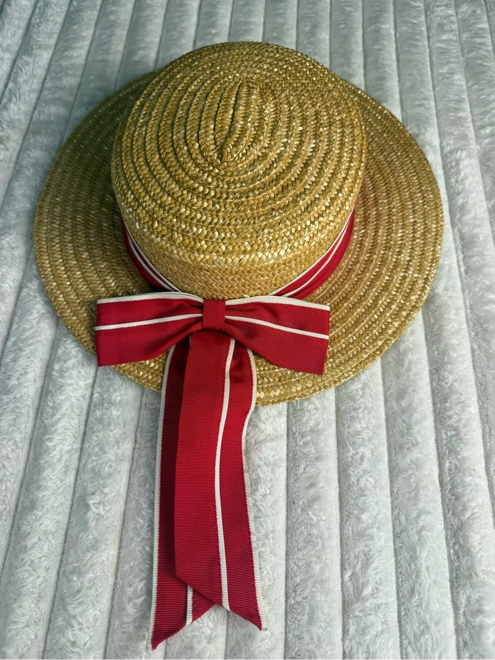 Vtg. 80s Laura Ashley Straw Boater Hat Red Ribbon Bow Cottagecore Great Britain
